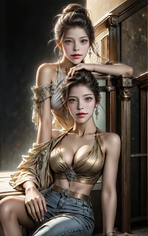 (Zendaya:Evangeline Lilly) ,sitting on some stairs, ripped jeans, tank top, ((pulls up her shirt)) , slightly muscular, Beautiful anime waifu style girl, hyperdetailed painting, luminism, art by Carne Griffiths and Wadim Kashin concept art,  post-apocalypt...