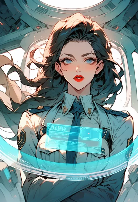 (High Definition) defined face, hologram of a beautiful woman, crossing arms, long dark hair and blue eyes, pale red lips, wearing sexy tight white military officer outfit with miniskirt, standing in the middle of the bridge of a spaceship.