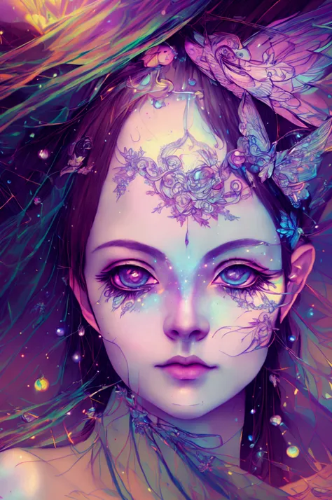 a pretty fairy with rainbow hair,1girl,beautiful detailed eyes,beautiful detailed lips,extremely detailed face and portrait, long eyelashes, galactic rainbow universe, starry lined trails, magical, ethereal, vivid colors, cinematic lighting, dramatic light...