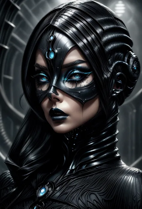 a woman with futuristic noir makeup inspired by ridley scott, utilizing dark, moody tones. her skin has a metallic sheen, with d...