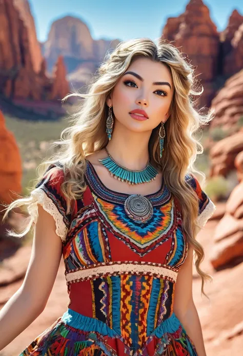 Beautiful boho women stunning merge of Masiela Lusha with colorful southwestern style dress. colorful southwestern earing and. jewelry, blond colored hair that is coarse, wiry, and tightly curled. It often has a rough texture, feels stiff to the touch, and...