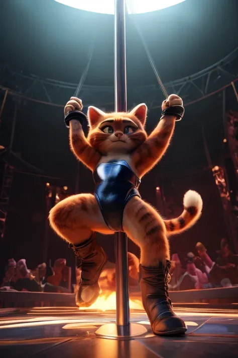 a boy and a girl in leotards doing pole dancing, DreamWorks animated movie Puss in Boots style, highly detailed, ultra-realistic, 8k, sharp focus, studio lighting, vivid colors, volumetric lighting, dramatic lighting, cinematic, masterpiece