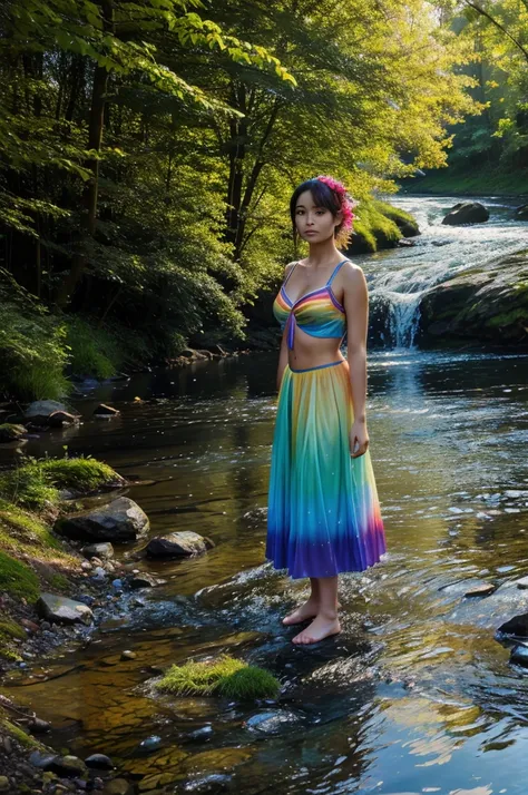 The water of the river was shining and the colours of the rainbow were shimmering in it. Suddenly a fairy appeared.
