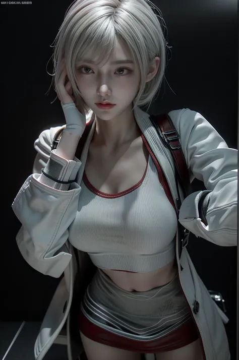 masterpiece,Game Art,Best picture quality,Maximum resolution,8K,(A bust photo),(portrait),(Head close-up),(Rule of Thirds),Unreal Engine 5 rendering works,
20 year old girl,Short hair details,Long bangs,(White hair),Red Eyes,Elegant and elegant,(Large targ...