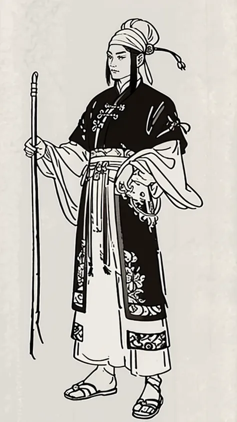 (((monochrome)))、(((ink painting)))、((ancient china、handsome young man with hair in a bun and wearing a white swimming cap))、hav...