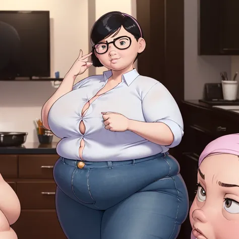 ((ultra quality)), ((masterpiece)), fat Violet parr, 1 fat girl solo ((black short hair tomboy hairstyle)), (Beautiful face), (beautiful female lips), (), charming, ((Happy facial expression)), looks at the camera, eyes slightly open, ( white skin color), ...