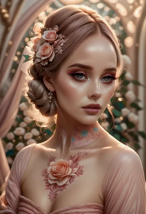 a woman with subtle, feminine makeup inspired by jane campion, featuring soft, feminine colors. her face is painted with mauve, ...