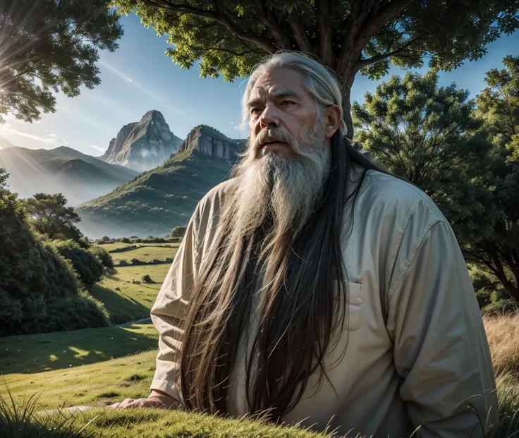 "An elderly Noah with a white beard, standing under a big tree, looking up to the sky with an expression of reverence and acceptance, as rays of divine light descend from the sky. The landscape in the background is green and peaceful., captured in 8K, ultr...