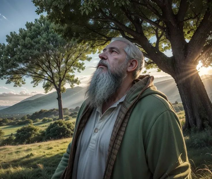 "An elderly Noah with a white beard, standing under a big tree, looking up to the sky with an expression of reverence and acceptance, as rays of divine light descend from the sky. The landscape in the background is green and peaceful., captured in 8K, ultr...