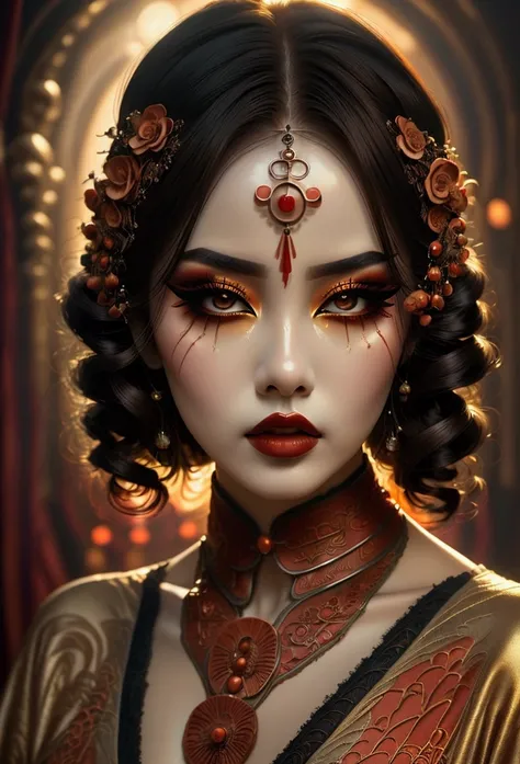 A woman with romantic melancholy makeup inspired by Wong Kar-Wai, showcasing soft, muted tones. Her face is adorned with warm, earthy colors like terracotta, browns, and soft reds, with subtle eyeliner and natural lips