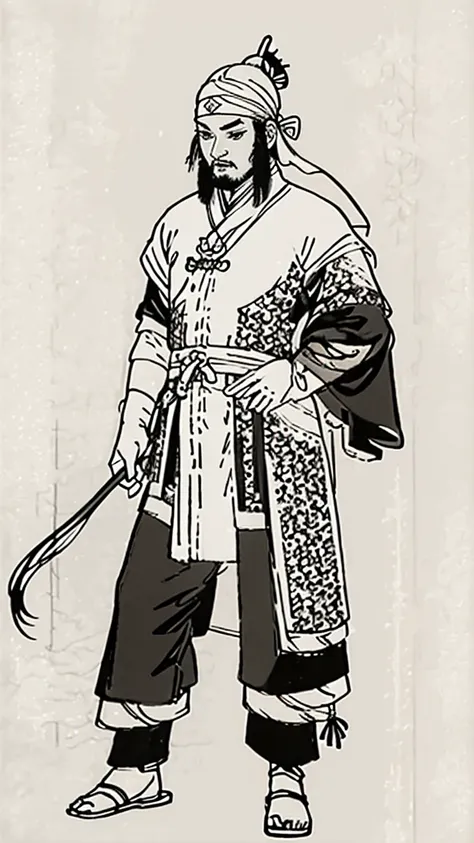 (((monochrome)))、(((ink painting)))、((ancient china、handsome young man with hair in a bun and wearing a white swimming cap))、put...