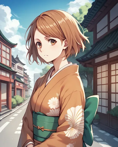 score_9, score_8_up, score_7_up, petra ral, 1girl, solo, short hair, brown hair, brown eyes, kimono,city,whole body,stand
