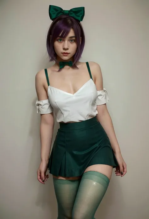 Teenage girl with purple hair, medium short chin length hair, blue eye color, White skin, European ancestry, wearing green in green top , with a red bow in the center of the chest, short black skirt, black pantyhose on legs and dark brown boots