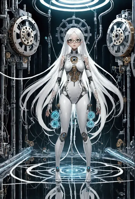 Create a cyberpunk fantasy full body image of a young Asian woman android with big eyes and glasses, white long hair, a white body, clear plastic skin, visible gears, pipes, wires and mechanisms, random pose, human limbs, standing on reflection floor. Whit...