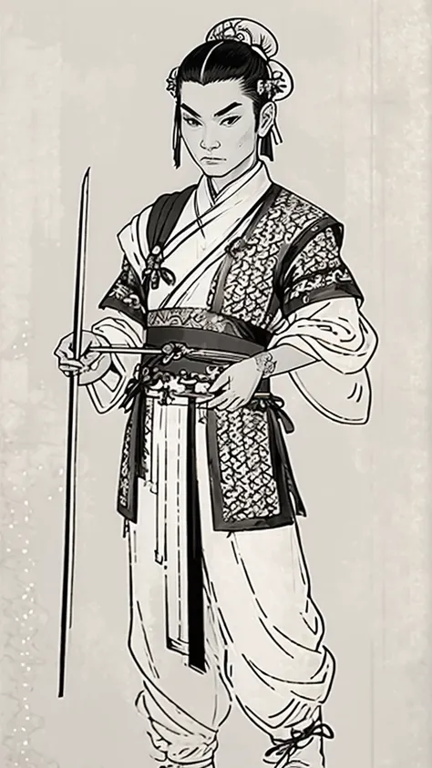 (((monochrome)))、(((ink painting)))、((ancient china、androgynous man with a bun hairstyle and a white swimming cap))、put your han...