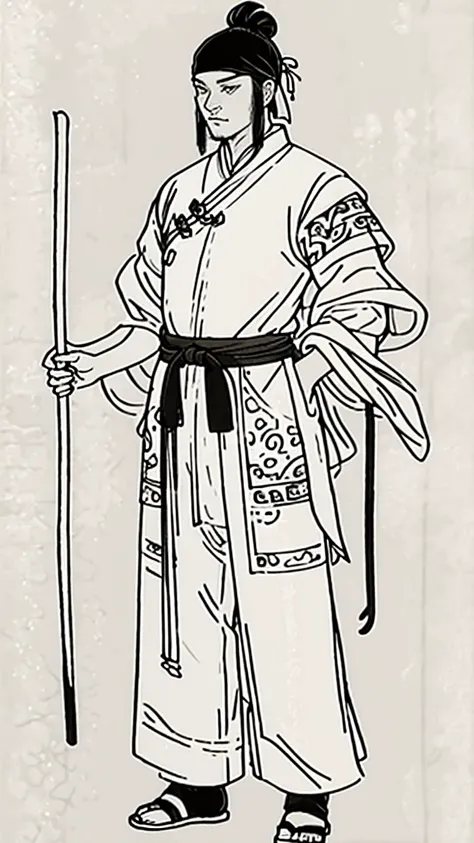 (((monochrome)))、(((ink painting)))、((ancient china、handsome young man with hair in a bun and wearing a white swimming cap))、hav...