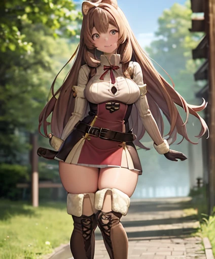 best qualityer, Raf, 1 girl, raccoon ears, raccoon girl, animal ears, only, long hair, chestnut hair, racoon Tailpussy, Tailpussy, mitts, thigh boots, knee boots, ssmile, bangss, thicc thighs, thicc thighs, looking a viewer, whole body, brown mitts, waist ...