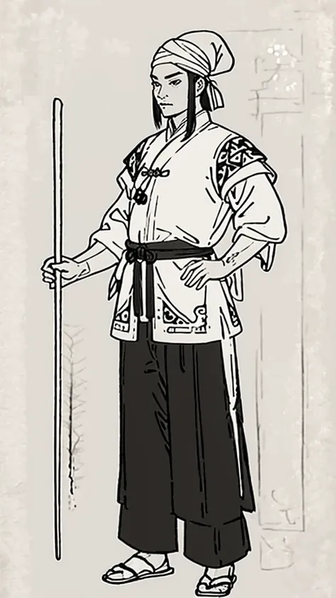 (((Monochrome)))、(((Ink Painting)))、((ancient China、Handsome young man with hair in a bun and wearing a white swimming cap))、Have a long stick、breast enhancement、Hands on hips、Line art、Oriental、Ultra-high resolution、Game Poster、Crisp and beautiful image qu...