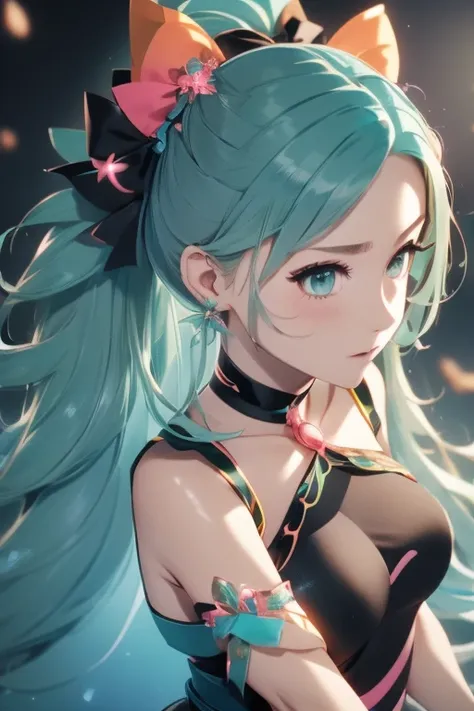 a genius with long aqua green hair wearing a ponytail and an orange bow,aqua green eyes with crystal iris,with big breasts,weari...