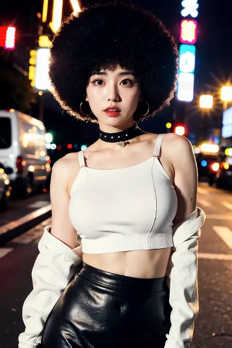 (cinematic aesthetic:1.4) photo of a beautiful korean fashion model bokeh city night with round disco afro wig, bra, super mini ...