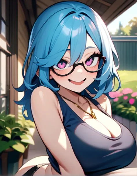 (masterpiece), best quality, expressive eyes, perfect succubus girl hybrid face, long cyan and blue hair, magenta eyes, glasses, silly smile, navy blue tank top, gold necklace between her breasts, black denim mini shorts , black thong, big and perfect brea...