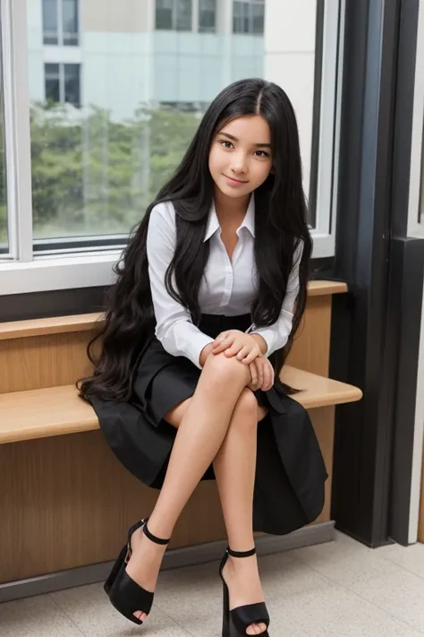 A beautiful 15 year old girl with long wavy black hair., Wearing sexy student uniform with tight black mini skirt, black high heel platform sandals, Full body photo, looking out a classroom window, Sit by the window, bored expression, playing with her hair