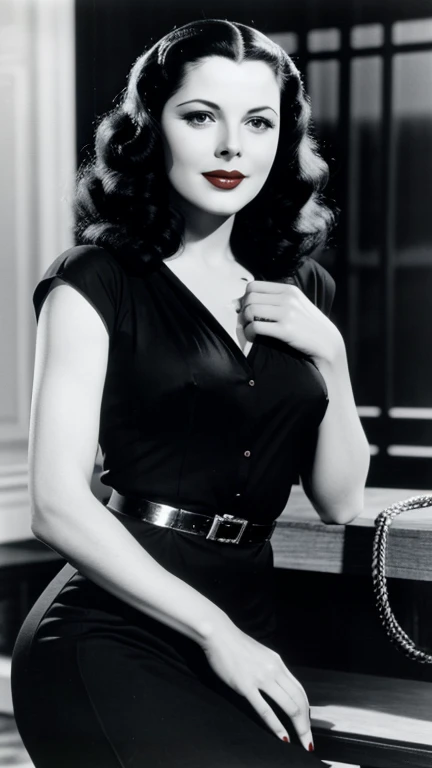 Hedy Lamarr dressed in sexy casual clothes with lipstick and smiling