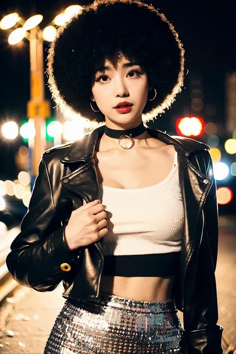 (cinematic aesthetic:1.4) photo of a beautiful korean fashion model bokeh city night with round disco afro wig, bra, super mini ...