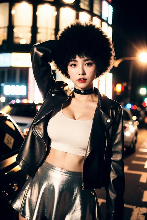 (cinematic aesthetic:1.4) photo of a beautiful korean fashion model bokeh city night with round disco afro wig, bra, super mini ...