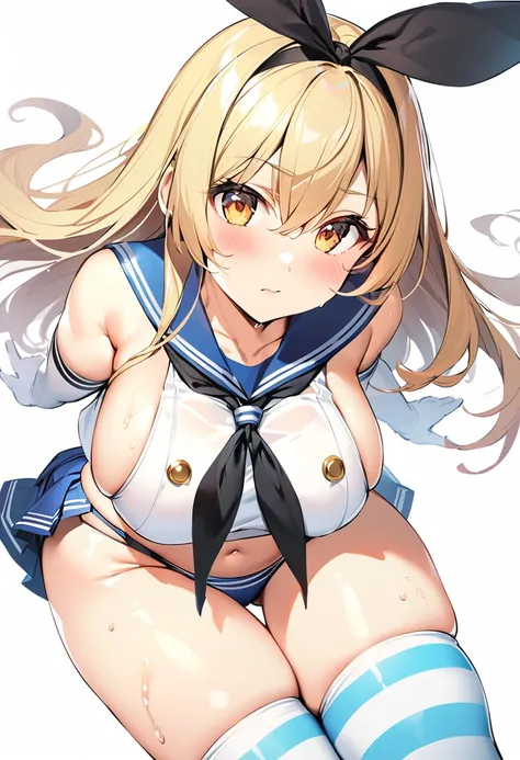 rensouhou-chan, shimakaze (kancolle), 1girl, solo, long hair, breasts, looking at viewer, blush, skirt, blonde hair, large breasts, simple background, hair ornament, thighhighs, gloves, white background, navel, hair between eyes, closed mouth, underwear, ,...