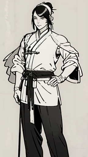 (((monochrome)))、(((ink painting)))、((ancient china、handsome young man with hair in a bun and wearing a white swimming cap))、hav...