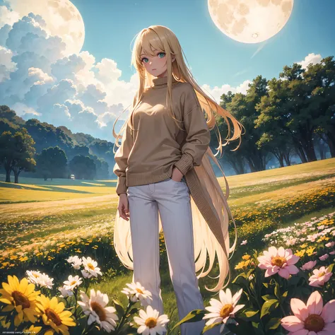 Twenty year old girl with long blonde hair, green eyes. Standing in the middle of a field full of different colored flowers wearing white pants and a beige sweater. looking at the flowers. Clear day with the moon in this.