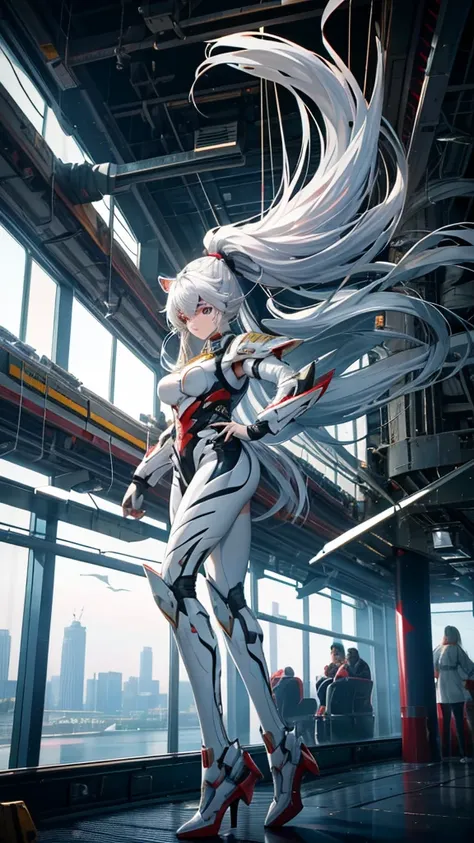 best quality,masterpiece,Ultra-high resolution,(photoactual:1.4),Science Fiction,Inside the aircraft carrier,Heroic and unrestrained,（Oriental style）White Tiger Girl,20 years old,Long white hair and flowing ponytail,Wearing a white tiger mecha,