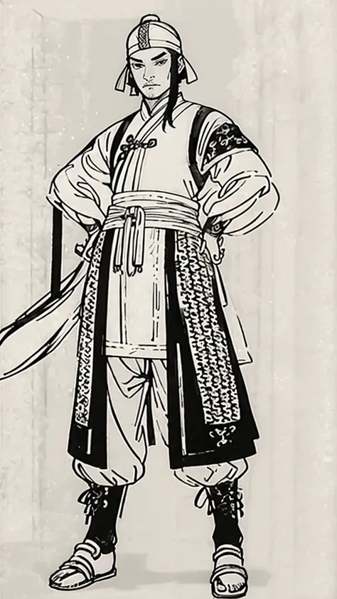 (((monochrome)))、(((ink painting)))、((ancient china、handsome young man with hair in a bun and wearing a white swimming cap)),(((...