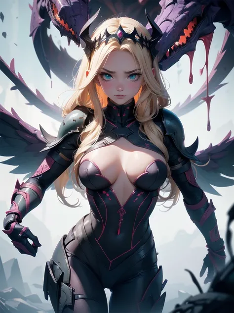 A creepy horse-faced monster with six arms is raping a cute and lovely girl who resembles a Valkyrie from Norse mythology. The beautiful blonde girl has her skin-tight purple cyber suit ripped off, exposing her skin.upward breasts,waist slender,green eyes,...