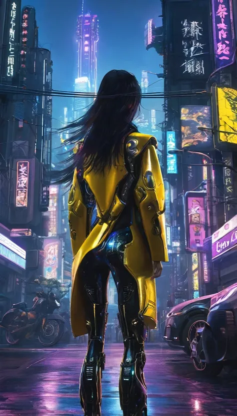 ((masterpiece)),((Highest quality)),((Attention to detail)),((Realistic,))
One Woman、Long Hair、Patent leather suit、Back view、Gazing into the distance、cyberpunk world、Stand in the middle of the street、night、mysterious、Beautiful sight、Panorama、Robot World