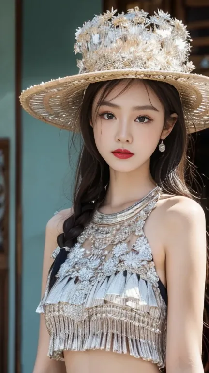 （8K，best quality，masterpiece：1.2），Ultra-high detail，Professional lighting，best quality，Ultra-high resolution，Visually stunning，（1 girl：1.1），（Miao clothing、hat），Real human skin，（Perfect Body 1.3）Super delicate face。