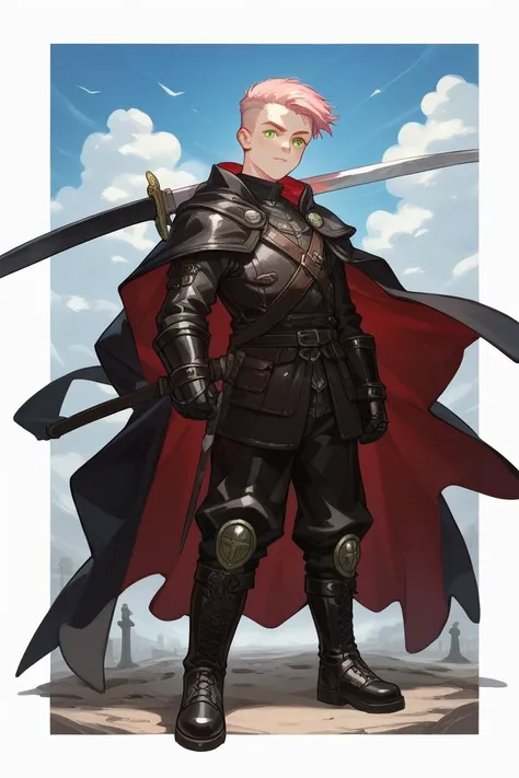 capture a head-to-toe body perspective of a swashbuckler standing in a simplisticly designed black leather armor/outfit and black leather boots, a pink undercut hairstyle, intricately detailed and pale green eyes. He is holding a bastard sword in his right...