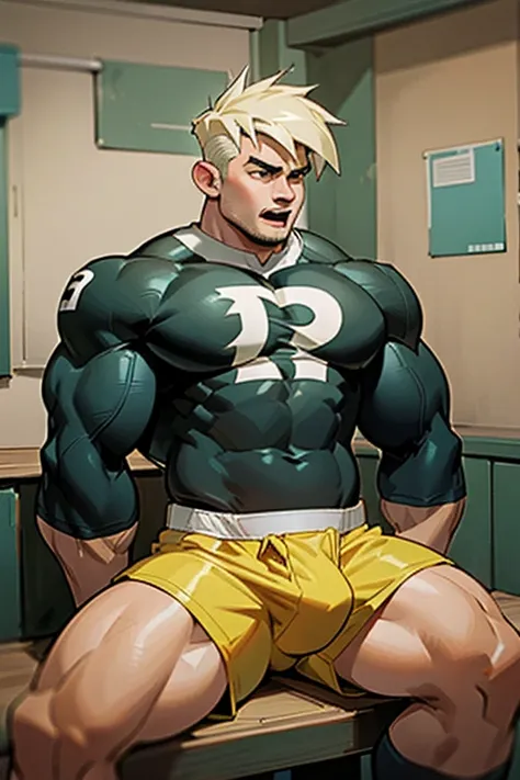 Danny Fenton in a locker room sitting on a wooden bench and listening to hypnotic MP.3 player playing subliminals through earbuds in his ears. Turning into stereotypical football jock just like Dash Baxter. Black hair with blonde highlights. hyper muscles....