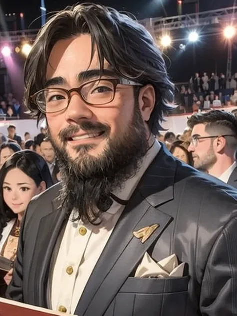 Award-Winning Moment, (yossan), beard, Glasses, science, Awards ceremony, Certificate, stage, smile, Audience in the background, Moments of joy, flash, suit, move