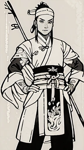 (((Monochrome)))、(((Ink Painting)))、((ancient China、Handsome young man with hair in a bun and wearing a white swimming cap))、Holding a long stick in his arm、(((Hands on hips))),Line art、Oriental、Ultra-high resolution、Game Poster、Crisp and beautiful image q...