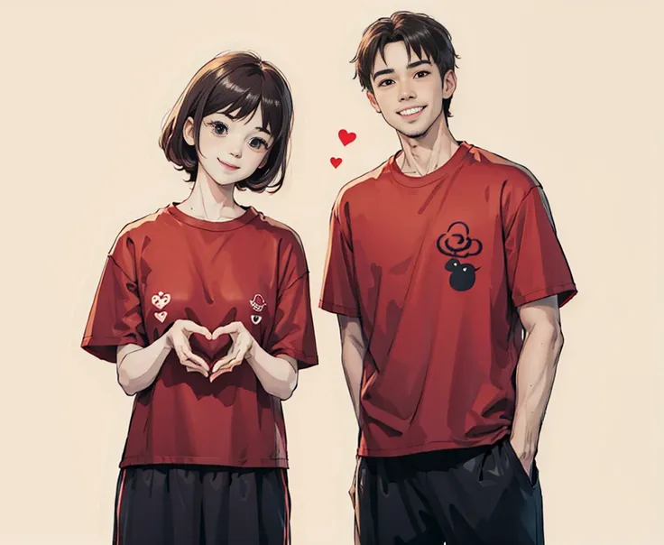 cute couple in love, wearing red t-shirts, gesturing heart symbols with their hands and smiling happily, cartoon style simple li...