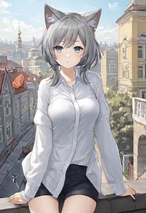 one girl, that will happen, view your viewers, gray hair, there is nothing, cat ear, feline tail, white shirt, open clothes, rus...