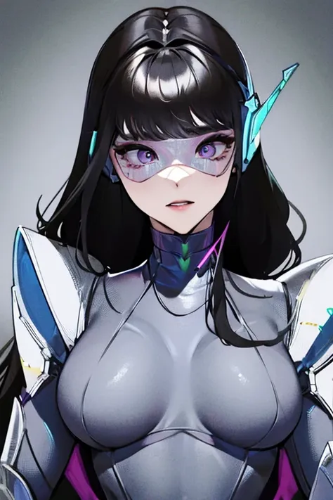 empty eyes,robotized woman ,big bust,Robot Joint ,Metal skin,Black Suit,long hair