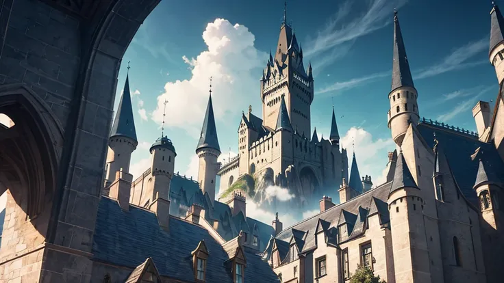 Fantasy Tower seen from the ground, tall building, The wizarding world, cloud, A tower surrounded by magical elements, Magical creatures, Magic Beast, Cinematic, Complex and highly detailed, (Ultra Detailed CG Unity 8k Wallpaper), Shot from below, Low-up a...