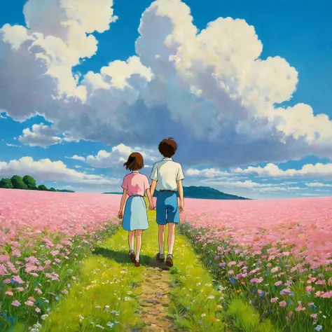 (((best quality)))), Realistic, authentic, beautiful and amazing landscape with a girl  and boy holding hands on the field oil painting Studio Ghibli Hayao Miyazaki pasture petals with blue sky and white clouds, no humans.the girl and boy looking happily e...