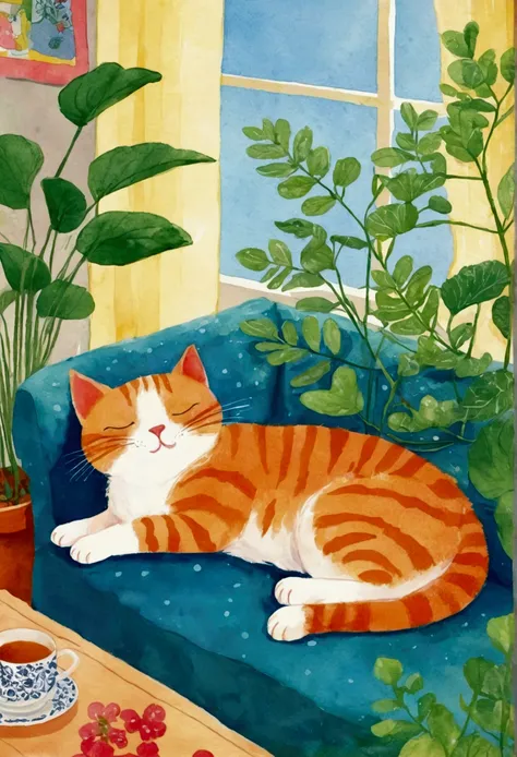 There was a cat lying on a pillow on the sofa, by Chizuko Yoshida (Yoshida Chizuko) Drawn storybook illustration, Tumblr Contest Winners, Childish Art, cats and plants, Cat sleeping, a A painting of a cat, A painting of a cat, in a A painting of a cat, Ill...