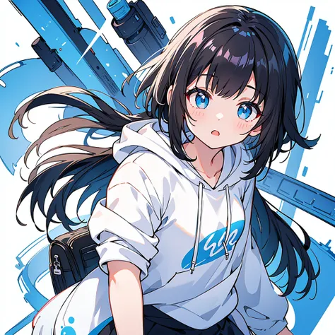 (masterpiece)、(Highest quality)、(Detailed Expression)、White hoodieを着たBlack Hairの女の子, White hoodie, pretty girl,10 year old female,blue eyes,1 person,Black Hair,Bob Hair