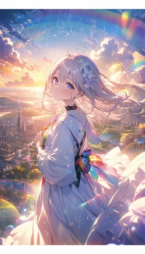 Angelic, Detailed landscape, sunrise, rainbow, After the Rain, horizon, In the sky, city , Lens flare, colorful, An atmosphere full of dreams and hope，masterpiece．16K, Ultra-high resolution, to be born,wonderful ,future、rainbow色の、The world 30 years from no...