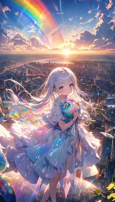 Angelic, Detailed landscape, sunrise, rainbow, After the Rain, horizon, In the sky, city , Lens flare, colorful, An atmosphere full of dreams and hope，masterpiece．16K, Ultra-high resolution, to be born,wonderful ,future、rainbow色の、The world 30 years from no...